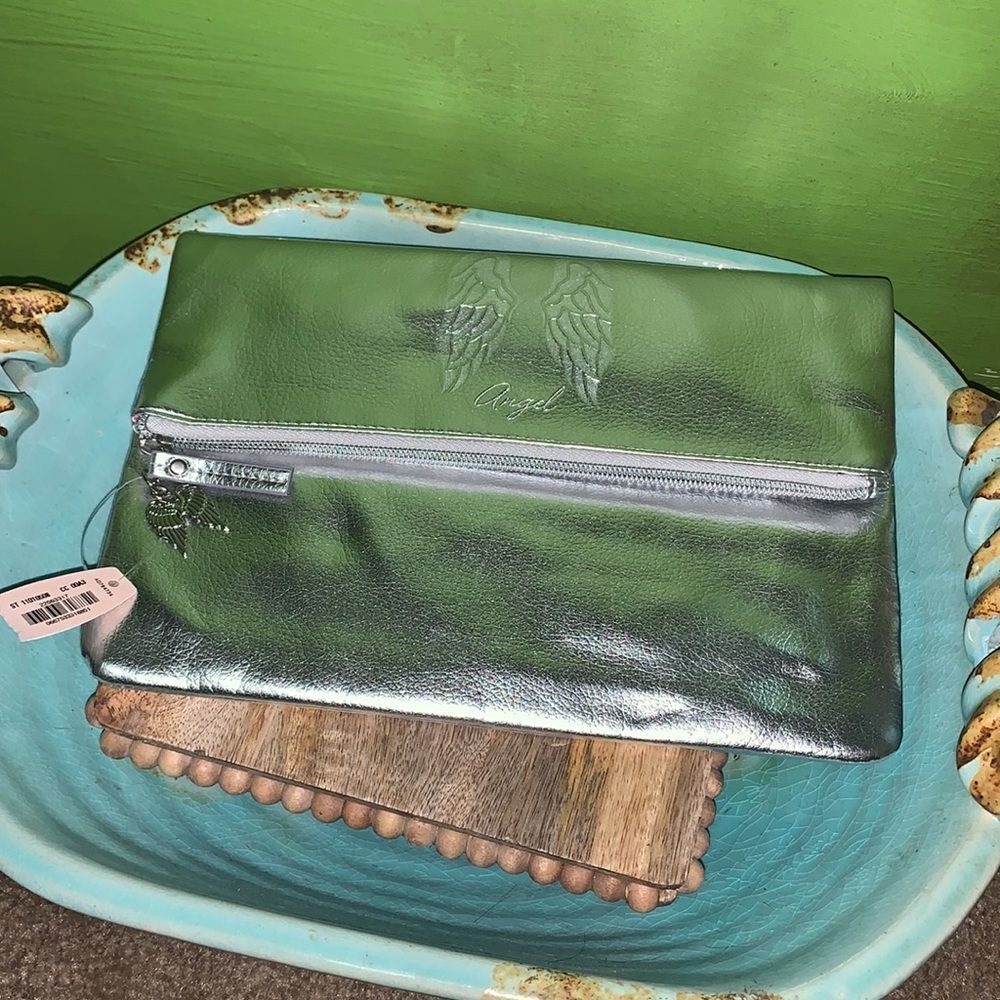NEW Victoria's Secret Angel Silver Metallic Fold Over Clutch Bag Makeup Pouch
